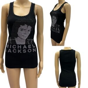 Michael Jackson Crystal Wearables Cotton Rhinestone Black Ribbed Tank Top Large